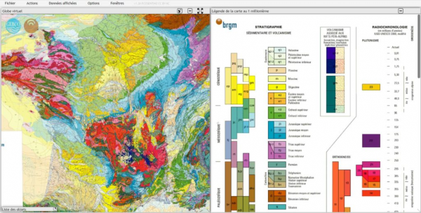 Capture d’écran du logiciel Tectoglob3D présentant une carte géologique de France